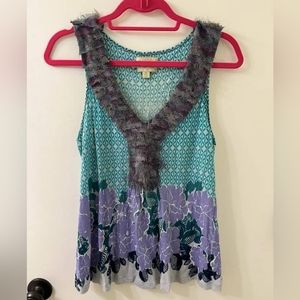 Anthropologie Deletta Floral Blue Purple Ruffled Tank Top in size Medium